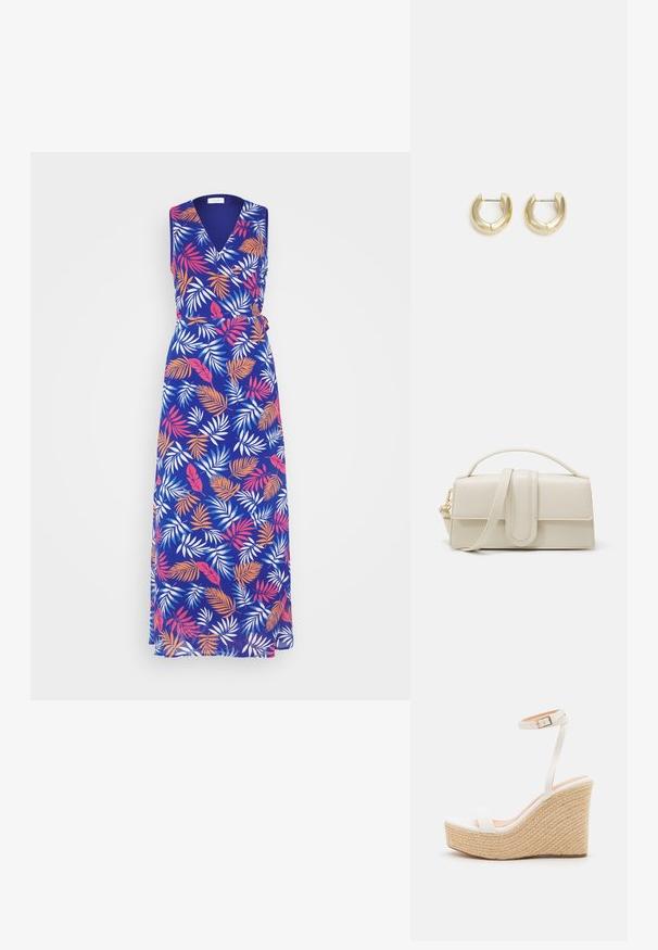 VILA VIURA WRAP DRESS - Maxi šaty - mazarine blue/multi; Biele wedge sandále s textúrovanou rope platformou, s tenkým pásikom okolo členka a hladkým, uzavretým dizajnom špičky.; Krémová kožená kabelka s obdĺžnikovým tvarom, plochým držadlom a odnímateľným popruhom; obsahuje predný klapku s magnetickým uzáverom.; Zlaté kruhové náušnice s hladkým, lesklým povrchom. S polkruhovým tvarom a bezpečným zapínaním na kolík.