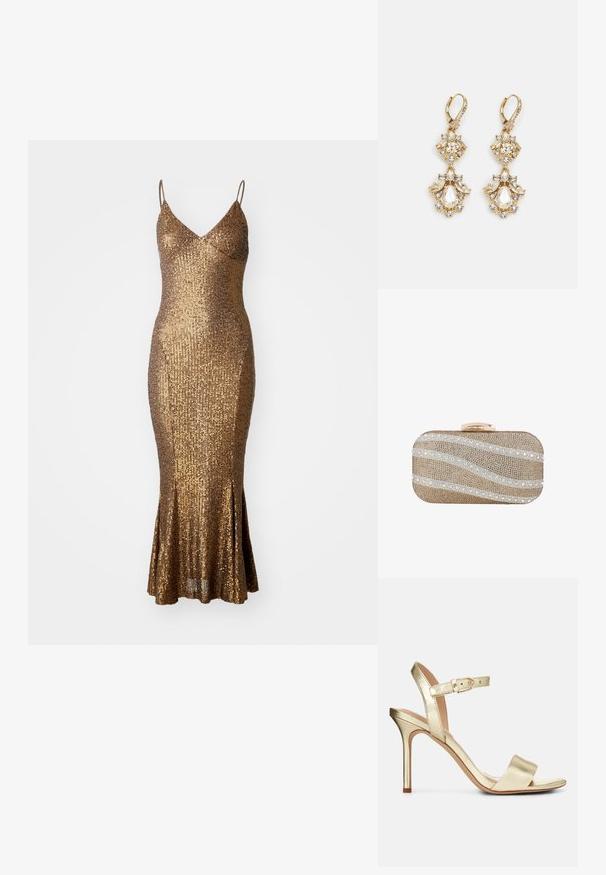 Goldener Pailletten-Kleid mit figurbetonter Silhouette, Spaghettiträgern und ausgestelltem Saum. Texturierte Oberfläche reflektiert das Licht und verstärkt den Glanz.; Goldfarbene, metallische, geschnürte High-Heel-Sandale mit einer Schnallenverschluss, offenem Zehenbereich und glatter Textur. Verfügt über einen schmalen, spitzen Absatz.; Kleine rechteckige goldfarbene Clutch, bedeckt mit goldenen Perlen und weißen Pailletten in diagonalen Wellenmustern, mit einem goldenen Verschluss oben.; Ohrringe mit Gold-Finish im Design eines Clusters, das runde und tropfenförmige klare Kristalle zeigt und aufwendige Details präsentiert.