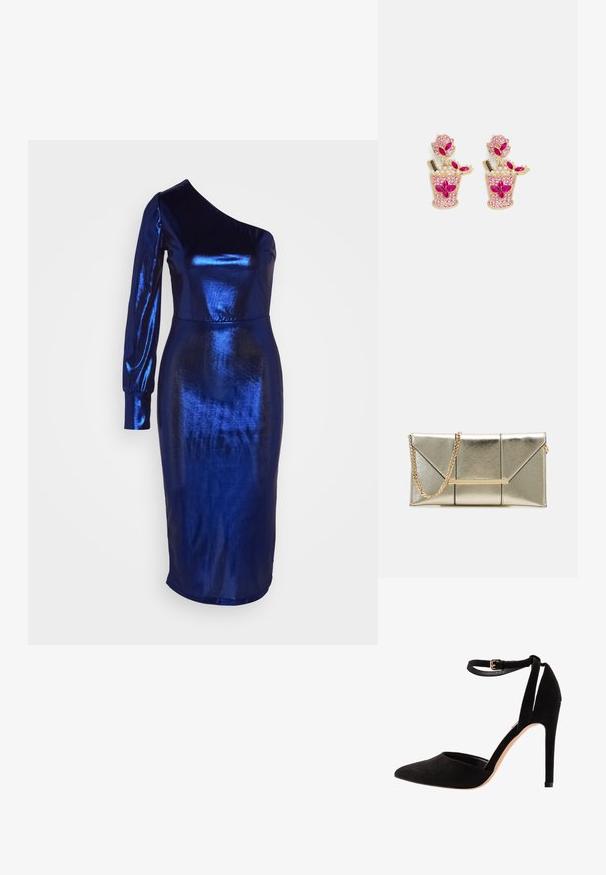 WAL G. HALI ONE SLEEVE MIDI - Cocktailkjole - electric blue; Sorte semskede høyhælte sko med spiss tå, ankelrem og stiletthæl. Designet har en glatt tekstur med minimal detaljer.; Gullfarge metallisk clutch-veske med en strukturert design, som har diagonale sømmer og en gullkjede-reim. Inkluderer en metallaccent-bar på forsiden.; Pieces PCCAROLINE EARRINGS - Øredobber - gold-coloured/pink