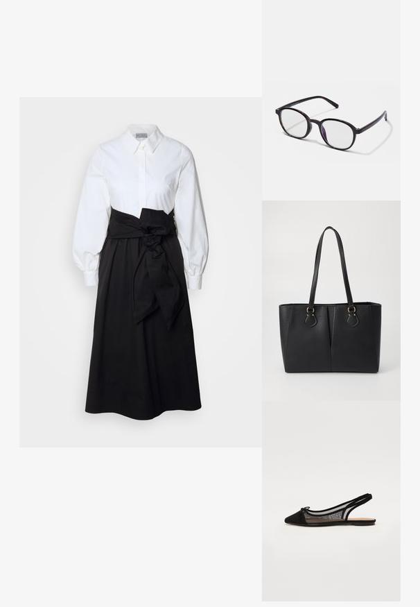 Chemisier blanc à manches bouffantes longues, associé à une jupe noire et une ceinture en tissu nouée à la taille, fabriqué en coton lisse.; Chaussure plate noire à bride arrière avec un devant en suède, des panneaux latéraux en mesh, un bout pointu et un détail de nœud. Semelle plate et design minimaliste.; Lunettes à monture ronde en plastique écaille sombre avec des verres transparents et une légère teinte violette sur le verre droit. Présentent des embouts de branches flexibles.; Sac fourre-tout noir en simili cuir avec une finition texturée, deux longues poignées et des accents en métal doré sur le côté. Shape rectangulaire.