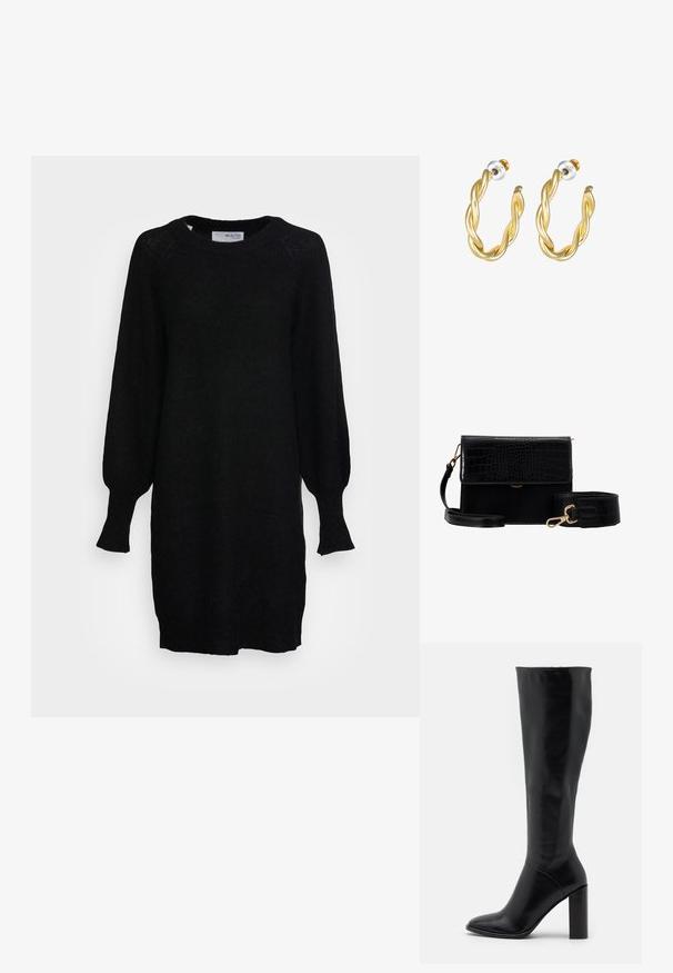 Selected SLFLULU DRESS O NECK - Strikkjoler - black; Knæhøje sorte læderstøvler med spids tå og kraftig hæl. Glat tekstur med minimale detaljer og et tætsiddende skaftdesign.; Sort faux læder crossbody taske med krokodillestruktur, guldhardware og en aftagelig rem. Har klaplukning og indvendigt rum.; Guld snoede hoops øreringe med en glat overflade, der har en transparent baggrund og hardware i guldtoner.