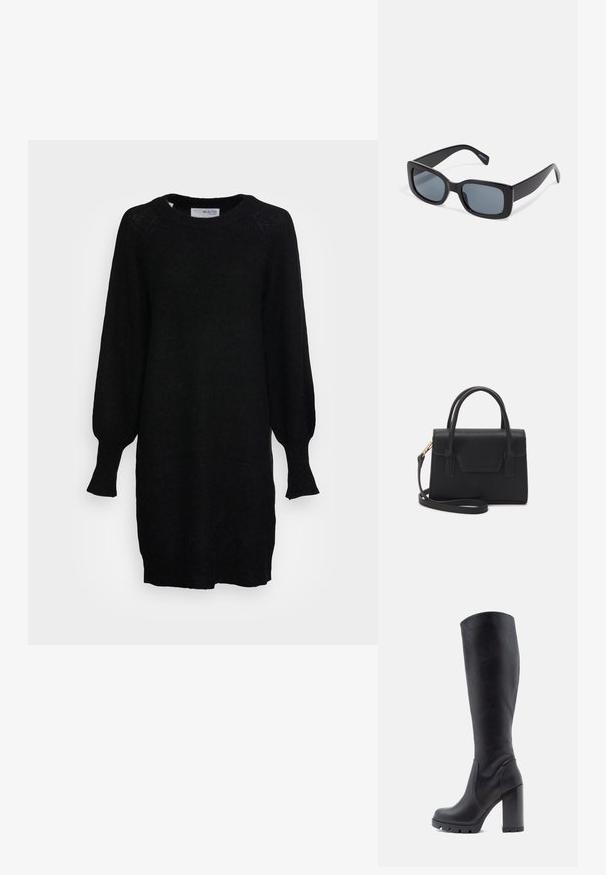 Selected SLFLULU DRESS O NECK - Robe pull - black; Botte noire montante, en cuir lisse, avec un talon épais, un bout rond, une semelle texturée avec adhérence, au design élégant sans embellissements.; Lunettes de soleil rectangulaires noires avec des verres teintés foncés, monture en plastique épaisse et branches larges. Surface lisse et design angulaire.; Sac à main structuré noir en cuir avec une poignée supérieure, une bandoulière détachable et un détail à rabat à l'avant. Accents en matériel doré.