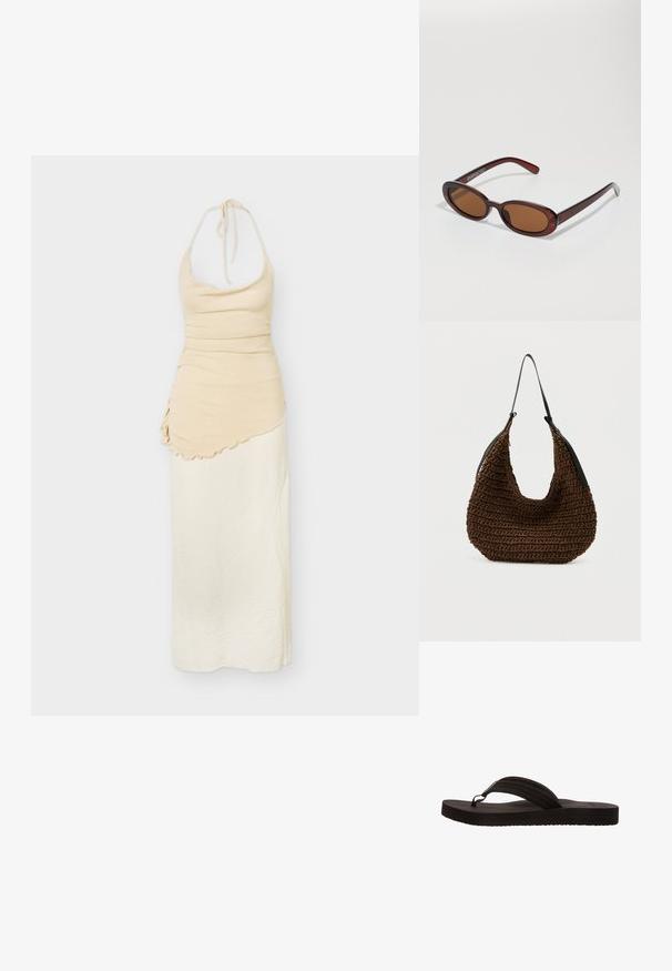 Vestido sin mangas de color beige con escote halter, cuerpo acanalado y falda asimétrica drapeada en capas, en tonos crema y beige claro.; Chancla negra con suela de goma, que presenta un diseño de sola tira con tres ranuras horizontales. Textura plana y suave sin patrones adicionales.; Gafas de sol redondas con tinte marrón y un marco burdeos brillante. Patillas delgadas con un sutil detalle de marca. Diseño de lentes planos.; Bolso marrón tejido con una forma suave y redondeada y una única correa delgada negra para el hombro, sobre un fondo sencillo.
