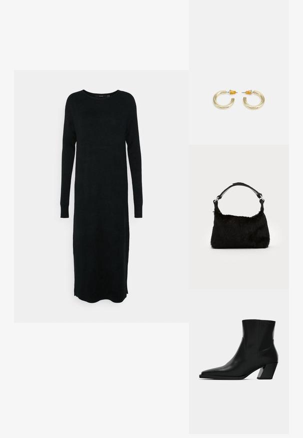 Vero Moda Tall VMLEFILE BOATNECK CALF DRESS - Denné šaty - black; Čierna kožená členková topánka s špicatou špičkou, elegantným siluetou a masívnym štvorecovým podpätkom. Hladký povrch s minimálnymi švovými detailmi.; Čierna kabelka z umelého kožušiny s jemnou textúrou, zaobleným tvarom a pevným čiernym koženým ramenným popruhom. Viditeľné akcenty zo strieborného kovu.; Zlaté kruhové náušnice s hladkým, zaobleným tvarom a lesklým povrchom. Majú oranžové akcenty na zadnej strane pre bezpečné zapínanie.