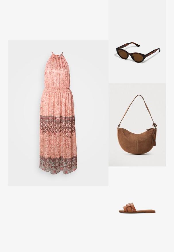 Robe maxi en pêche clair avec des motifs floraux. Elle présente un col licou, une taille élastique et une bordure décorative de teintes plus foncées à l'ourlet.; Sandales à glissière en cuir marron avec une large sangle texturée au design carré et une semelle plate marron. Style minimaliste et ouvert.; Lunettes de soleil en écaille de tortue marron avec une forme vintage de lunettes cat-eye et des verres marron. Présente des branches courbées avec des accents rouges.; Sac à main en daim marron de forme courbée en demi-lune. Il est doté d'une bandoulière, d'une petite étiquette et de coutures visibles le long des bords.