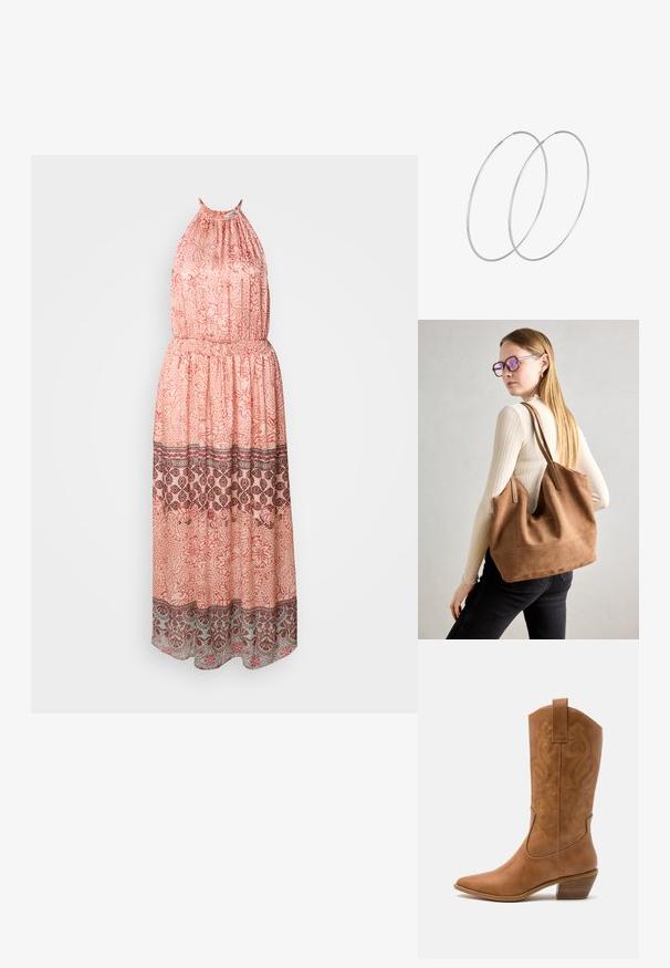 Maxi-jurk in licht perzik met bloemenpatronen. Voorzien van een halternek, elastische tailleband en decoratieve biezen in donkere kleuren aan de zoom.; Tan leren cowboylaars met puntige neus, geborduurde spiraalpatronen op de schacht en een gestapelde blokhak. Voorzien van een trekband voor gemakkelijke aan- en uittrekken.; Bruine suède totebag met zachte textuur, grote opening en lange hengsels. Het heeft een eenvoudig ontwerp met zichtbare stiksels en geen hardware.; Zilveren hoepel oorbellen met een minimalistisch ontwerp. Cirkelvormig, gladde textuur en dun profiel. Lichtgewicht met een gepolijste afwerking.