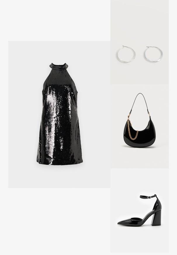 Vestido negro sin mangas hecho de tela de lentejuelas, con una silueta ajustada y cuello alto, que refleja la luz con texturas brillantes.; Zapato de tacón alto de charol negro con punta afilada, correa en el tobillo y ancho tacón bloque para mayor estabilidad, con una textura suave y brillante.; Bolso de mano de piel sintética negra con forma curva, una correa delgada para el hombro y un detalle de cadena dorada en la parte frontal. Textura suave, diseño minimalista.; Pendientes de aro de metal plateado con superficie lisa y ligeramente curvada y cierre de tipo mosquetón sobre un fondo blanco liso.