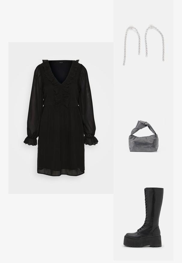 Vero Moda VMNOLA V-NECK SHORT DRESS - Hverdagskjole - black; Zign by Zalando LEATHER - Snørestøvler - black; Sorte og sølv håndtaske med en tekstureret overflade, der har et diamantmønster, en knyttet håndtag og en struktureret form.; Sølvøreringe med hængende kæder, prydet med flere klare ædelsten arrangeret i et lineært mønster, der giver en glitrende effekt.