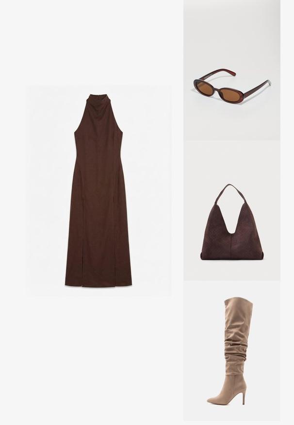 Robe maxi sans manches marron foncé avec col montant et taille cintrée, présentant des fentes latérales du genou à l'ourlet.; Botte en simili daim beige allant au-dessus du genou avec un design décontracté, un bout pointu et un talon aiguille de 10 cm. Texture lisse et style minimaliste.; Lunettes de soleil rondes teinte brun avec une monture bordeaux brillante. Branches fines avec un détail de marque subtil. Design de verres plats.; Grand sac à main en cuir marron avec une texture tissée et une seule bandoulière, présenté sur un fond clair uni.
