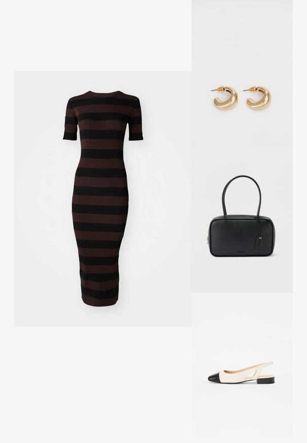 Robe rayée avec des couleurs alternées noir et marron foncé. Fabriquée en tissu côtelé avec une silhouette ajustée et des manches courtes.; Chaussure slingback avec un dessus crème et un embout noir brillant. Elle présente un petit talon carré et des découpes sur les côtés.; Sac à main rectangulaire noir avec doubles poignées arrondies, fermeture éclair dorée et logo "HUGO" embossé sur le devant avec une étiquette en cuir attachée.; Deux boucles d'oreilles en forme de cerceau en or brillant, avec un design courbé, présentant des accents orange près de la tige, sur fond blanc uni.