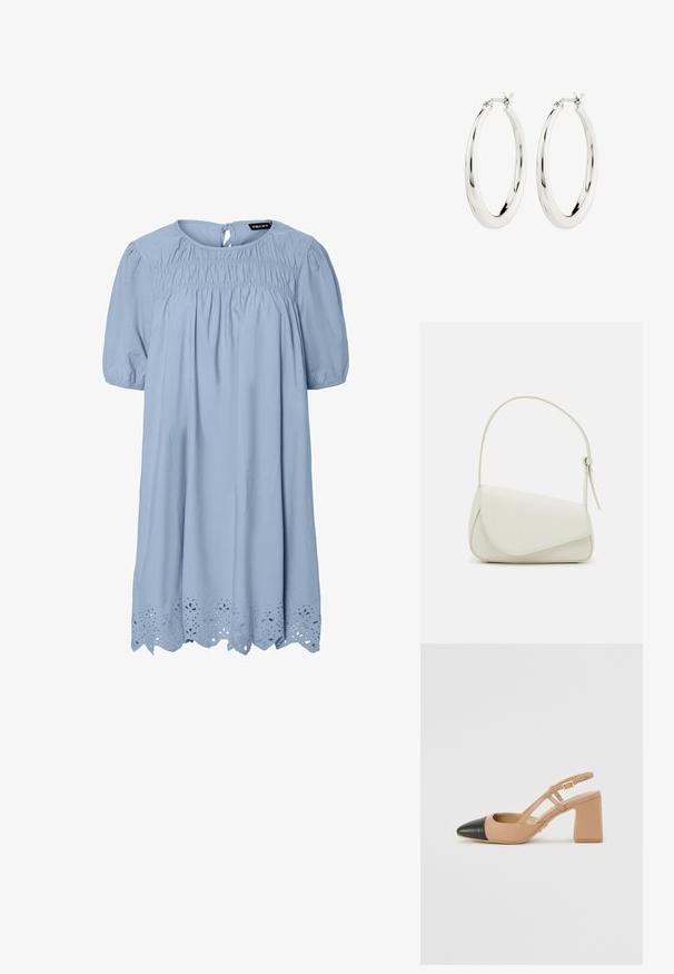 Vestido azul claro con escote redondo, cuerpo fruncido, mangas abullonadas y un dobladillo festoneado que presenta intrincados patrones de corte.; Zapato slingback beige con puntera negra, tacón cuadrado alto y dos correas decorativas, fabricado en material suave.; Bolso de mano de imitación cuero blanco con una forma triangular estructurada, correa ajustable única y cierre con solapa acentuada en curva.; Pendientes de aro de plata con un acabado suave y brillante. Forma circular, con un cierre seguro. Diseño sencillo y elegante.