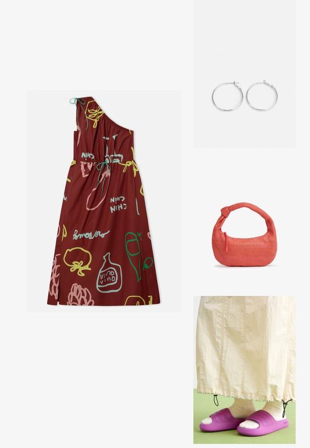 Ein schulterfreies, kastanienbraunes Kleid mit bunten abstrakten Mustern, grünen und gelben Akzenten und einem Kordelzug an der elastischen Taille.; Lila Gummischlappen mit einem strukturierten Bandsdesign, getragen über cremefarbigen Socken, kombiniert mit einem hellbeigen Rock. Grüner Boden.; Kleine gewebte korallenfarbene Handtasche mit einem geknoteten Griff und einem roten Reißverschlussanhänger an der Seite, vor weißem Hintergrund präsentiert.; sweet deluxe EARRING - Ohrringe - silver-coloured
