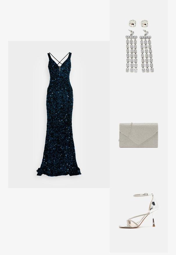 Un vestido de noche negro con lentejuelas, con una silueta ajustada, escote en V, tirantes cruzados y un dobladillo acampanado. La superficie texturizada brilla.; Sandalia de tacón alto plateada con un diseño de tiras, material brillante, acentos de strass y una correa delgada en el tobillo. Punta cuadrada y tacón pulido.; Bolso de mano metálico plateado con diseño de sobre, embellecido con un patrón texturizado, que incluye una correa de cadena desmontable.; Pendientes colgantes de cristal con herrajes en tono plateado, que presentan un stud cuadrado y filas en cascada de cristales rectangulares y octogonales.