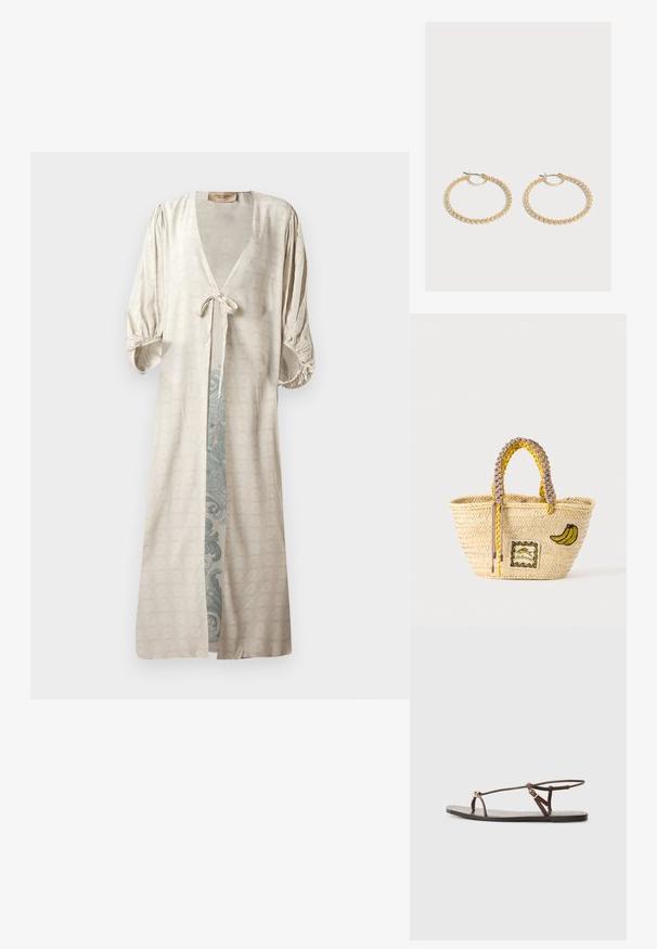 Silken, cream kimono-style robe with a deep V-neck, tied waist, and puffed sleeves. Features an ornate, teal patterned interior.; Brown leather sandal with thin straps, a gold circular accent, and a flat sole. Minimalist design with an adjustable buckle detail.; Woven straw tote bag with braided yellow and beige handles, decorated with banana patch and small framed fish design on front.; Pair of medium-sized gold hoop earrings with a textured, beaded design on a plain light background.