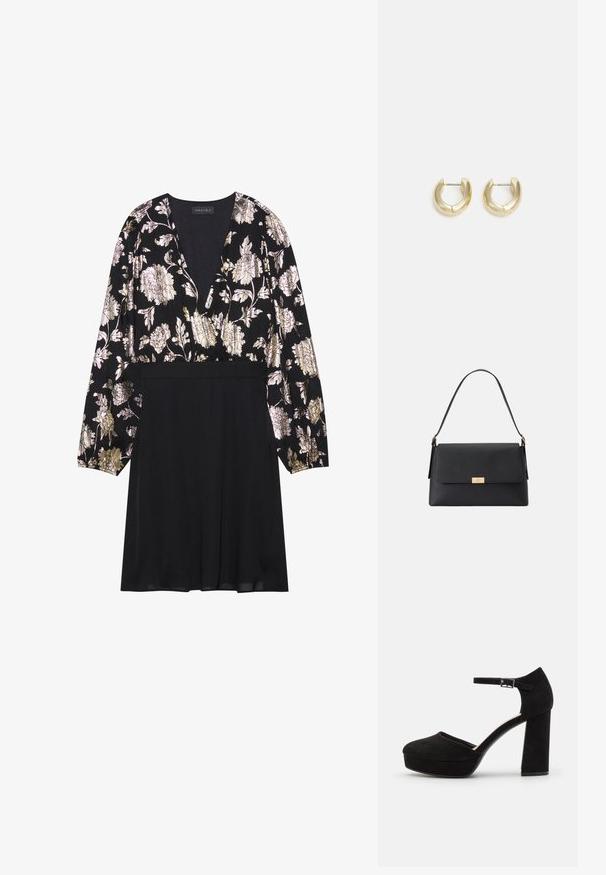 Schwarzes Kleid mit langen Ärmeln, das ein florales Muster in Gold und Silber auf der Oberseite und einen strukturierten, einfarbigen schwarzen Rock hat. V-Ausschnitt-Design.; Schwarze Wildleder-Plattformabsätze mit einem dicken Blockabsatz, runder Zehenpartie und einem Knöchelriemen, der mit einer Metallschnalle gesichert ist. Glatte Oberfläche über das gesamte Schuhwerk.; Schwarze Handtasche aus strukturiertem Material mit einer klaren Form. Sie verfügt über einen Klappenverschluss, einem goldfarbenen Hardware-Detail und einem einzelnen Griff.; Goldfarbene Creolen mit einer glatten, polierten Oberfläche. Sie haben eine halbkreisförmige Form und einen sicheren Stiftverschluss.