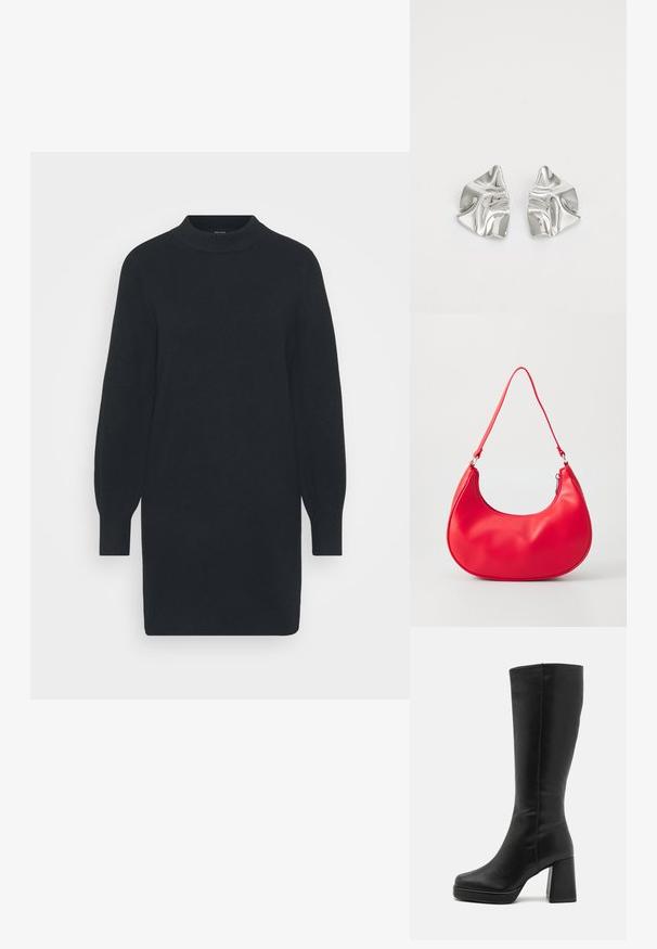 Robe noire tricotée avec un col haut, de longues manches bouffantes et des poignets côtelés. Le tissu a une texture lisse et une silhouette décontractée.; Anna Field Bottes à talons hauts - black; Sac à épaule en simili cuir rouge au design courbé, avec une bandoulière fine et une fermeture éclair. Texture lisse avec des détails de couture visibles.; Boucles d'oreilles en métal argenté avec un design ondulé et sculptural, présentant une finition polie et des formes irrégulières, mettant en valeur une esthétique contemporaine.