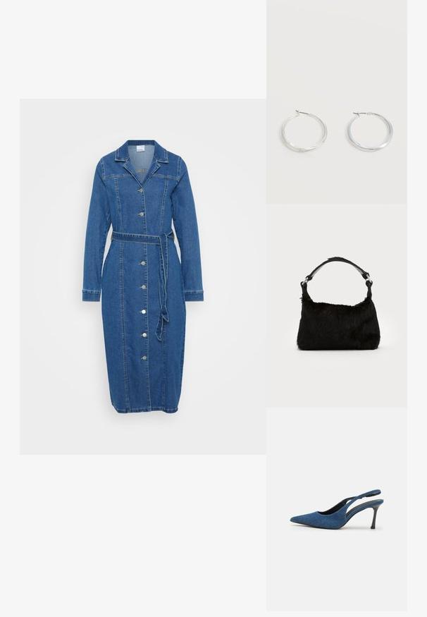 Robe en jean à manches longues, fermeture à boutons sur le devant, col, taille ceinturée et coupe au genou. Présente une couleur bleu moyen et des coutures visibles.; Talons slingback en denim bleu avec un bout pointu, présentant un talon noir fin et un dessus en tissu texturé. Design ouvert à l'arrière.; Sac à main en fausse fourrure noire avec une texture douce, une forme arrondie et une bandoulière en cuir noir robuste. Accent en métal argenté visible.; Boucles d’oreilles créoles en métal argenté avec une surface lisse légèrement incurvée et des fermoirs à clapet sur un fond blanc uni.