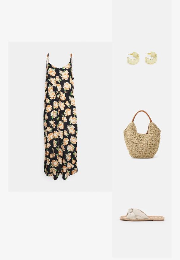 VILA Tall VIEVE S/L STRING DRESS /SU /KA/TLL - Robe longue - blackaop:flower; Sandale à glissière en tissu beige avec un dessus noué et une semelle en jute tissée. Style plat, ouvert à l'avant, présentant un bord texturé et tressé.; Sac fourre-tout en paille tissée avec une texture naturelle et une forme douce et organique, doté de poignées en cuir brun pour un transport facile.; Boucles d'oreilles en métal doré en forme de créoles avec un design ondulé et festonné. Dotées d'une surface texturée et d'une fermeture par tige sécurisée pour un port facile.