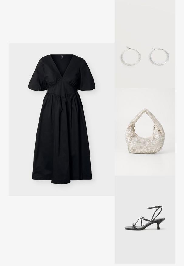 Vestido midi negro con escote en V profundo, mangas cortas abullonadas, cintura ajustada y falda fruncida, exhibido sobre un fondo liso y claro.; Sandalias negras de tacón con tiras finas, diseño de punta abierta y un pequeño tacón acampanado. El material parece suave y brillante.; Bolso de malla plateada con forma redondeada, acabado texturizado y un asa curvada. Presenta detalles de cadena y un cuerpo suave y recogido.; Pendientes de aro de metal plateado con superficie lisa y ligeramente curvada y cierre de tipo mosquetón sobre un fondo blanco liso.