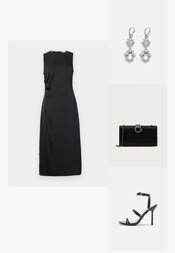 Robe noire sans manches avec un col rond et un drapé subtil sur un côté, confectionnée dans un tissu lisse, longueur genou.; Sandales à talons hauts en cuir verni noir avec trois sangles horizontales et une sangle de cheville ajustable. Silhouette élégante et finition brillante.; Pochette en satin noir avec une fermeture circulaire en métal argenté ornée de strass, dotée d'une chaîne amovible.; Boucles d'oreilles en métal argenté ornées de plusieurs pierres précieuses en cristal transparent en forme de goutte et de marquise, avec des fermoirs à levier et des détails complexes.