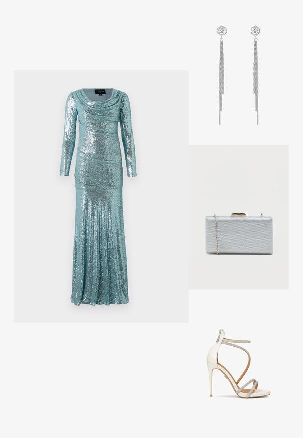 Vestido de manga larga en color teal con escote drapeado, que presenta lentejuelas por todo el diseño, detalles fruncidos y una silueta ajustada que fluye hacia un dobladillo acampanado.; Sandalia de tacón alto blanca con brillantes tiras plateadas, punta abierta y cierre de cremallera en la parte trasera. Textura suave, diseño elegante y tacón puntiagudo.; Clutch rectangular de plata hecha de tejido metálico texturizado, con cierre de broche y correa de cadena desmontable para llevar.; Pendientes de plata con una parte superior hexagonal y un cristal transparente, acompañados de largas cadenas colgantes. El acabado texturizado realza el interés visual.