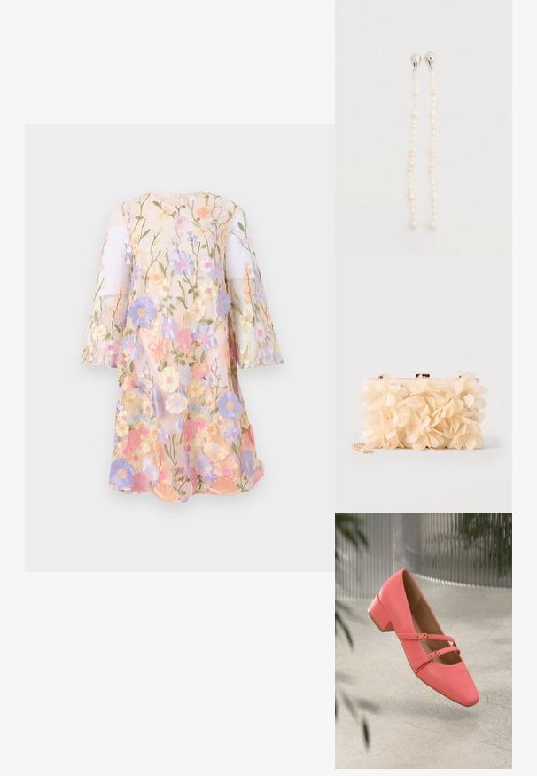 Transparentes langärmeliges Kleid mit mehrfarbigen, bestickten Blumenmustern in Pastelltönen auf hellem Hintergrund.; Korallenfarbenes Leder-Schuh mit niedrigem Absatz und spitz zulaufender Zehenpartie, ausgestattet mit doppelten Riemen und goldfarbigen Schnallen. Glatte Textur, minimalistisches Design.; Clutch-Tasche mit cremefarbenen Stoffblumen, die die Oberfläche bedecken, und einem goldenen Kettenriemen auf hellem Hintergrund.; Perlen-Tropfen-Ohrringe mit verlängerten Strängen, die verschiedene geformte weiße Perlen und silberne Akzente oben aufweisen.