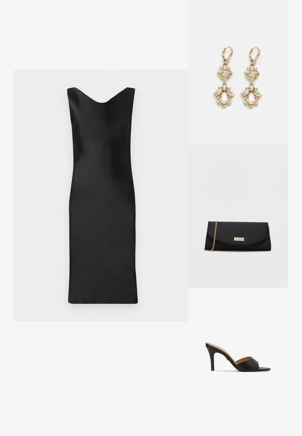 Robe sans manches en satin noir avec un décolleté en V, silhouette ajustée et longueur en dessous du genou. Texture lisse et design minimaliste.; Mules noires à talons hauts ouverts, avec une tige en cuir lisse, un devant en forme d'amande et un élégant talon aiguille. Détails en accent doré visibles.; Pochette noire avec une chaîne dorée et une petite plaque rectangulaire dorée sur le rabat avant.; Boucles d'oreilles pendantes dorées présentant un design en grappe avec des cristaux clairs ronds et en forme de goutte, mettant en valeur des détails élaborés.