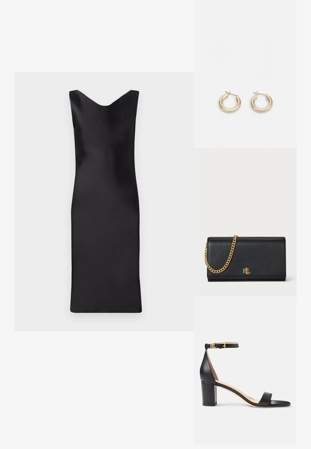 Schwarzes Satin ärmelloses Kleid mit V-Ausschnitt, figurbetontem Schnitt und knielanger Länge. Glatte Textur und minimalistisches Design.; Lauren Ralph Lauren LOGAN BURNISHED LEATHER SANDAL - Riemensandalette - black; Schwarze Lederbörse mit einer goldenen Kettenriemen, ausgestattet mit einem goldenen Logo auf der Vorderseite. Minimalistisches Design mit einer glatten Textur und schlanker Form.; Lauren Ralph Lauren BASIC SMALL HOOP - Ohrringe - gold-coloured
