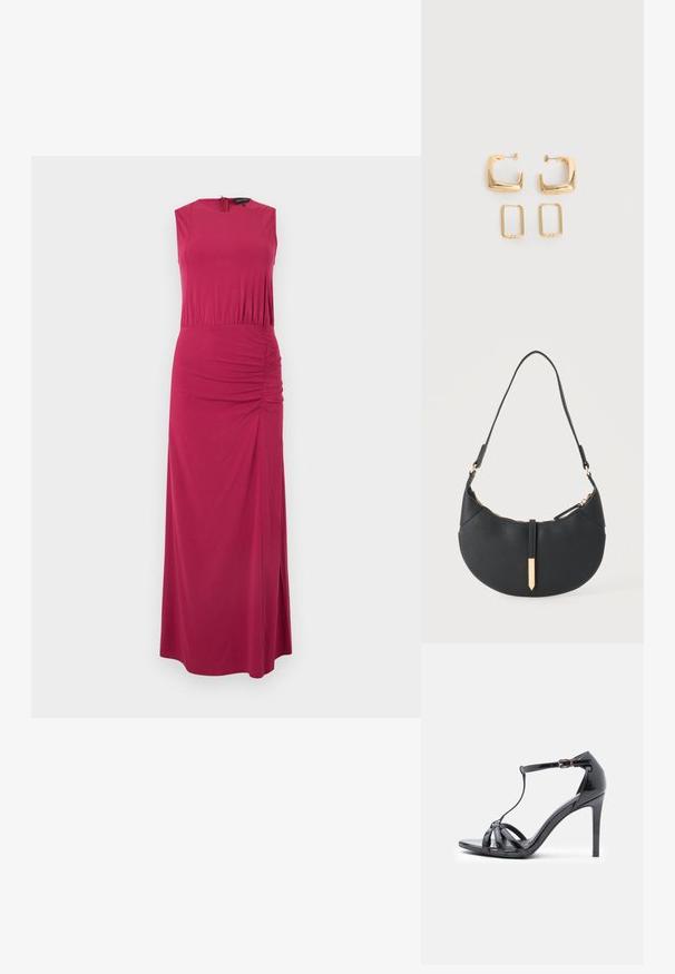 Robe longue sans manches rose foncé avec encolure ronde et détail froncé sur le côté droit de la taille.; Sandale à talons hauts en cuir verni noir avec des fines lanières, design en T, fermeture à boucle et silhouette élégante et courbée.; Sac à main noir en forme de croissant avec une bandoulière unique, une fermeture éclair dorée et une languette décorative rectangulaire dorée à l'avant.; Deux paires de Boucles d'oreilles créoles géométriques dorées sur une surface blanche unie, une paire carrée et pleine, une paire rectangulaire et creuse.