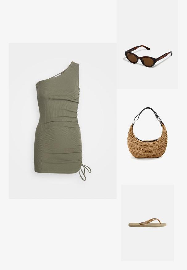 Even&Odd Petite by Zalando Šaty do práce - olive; Béžové žabkové sandále s textúrovanou podrážkou a bronzovými kovovými pásikmi v tvare Y na jednoduchom bielom pozadí.; Hnedé slnečné okuliare v štýle tortoiseshell s vintage cat-eye tvarom a hnedými sklami. Majú zakrivené ramienka s červenými akcentmi.; Pletená slamenná kabelka v béžovej farbe s oblým tvarom, vybavená čiernym koženým remienkom a striebornými kovovými detailmi. Textúrovaný povrch.
