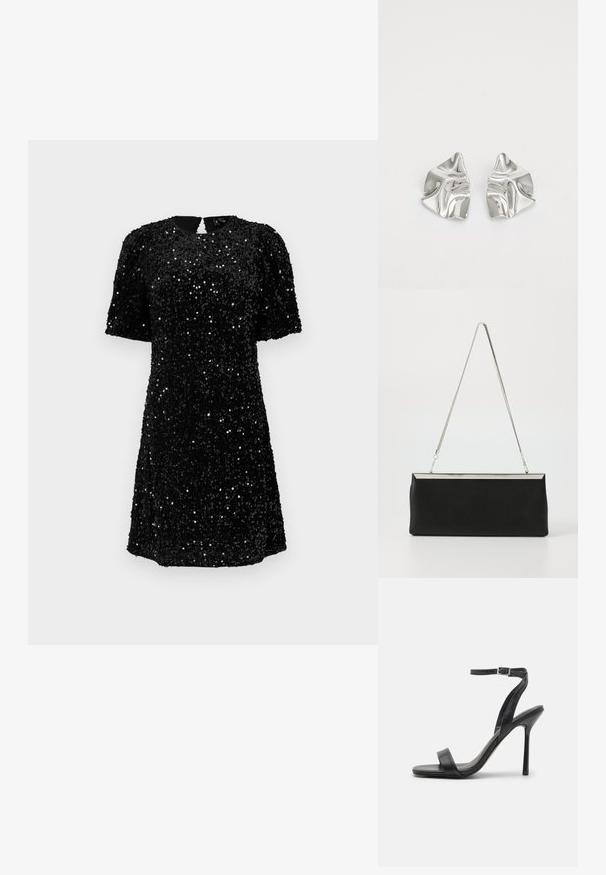 Schwarzes kurzes Kleid mit kurzen Ärmeln, bedeckt mit Pailletten, runder Ausschnitt und einer Schlitzöffnung hinten. A-Linie mit strukturiertem Oberflächen. ; Schwarze High-Heels-Sandalen mit schlankem Knöchelriemen und zwei vorderen Riemen. Aus glattem Leder gefertigt, mit einer eleganten spitzen Zehenform und einem Stiletto-Absatz.; Schwarze Leder-Clutch mit einem silbernen Metallkette-Griff und einer eleganten rechteckigen Form. Mattes Finish und minimalistisches Design mit einem metallischen Akzent.; Silberne Metallohrringe mit einem wellenförmigen, skulpturalen Design, das eine polierte Oberfläche und unregelmäßige Formen aufweist, die eine zeitgenössische Ästhetik betonen.