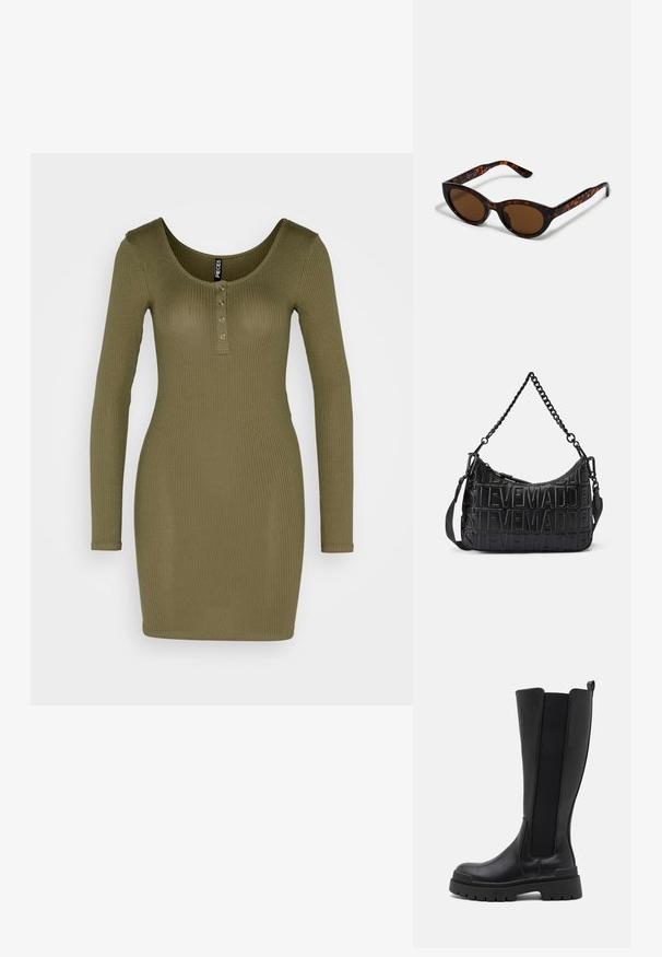 Pieces PCKITTI DRESS - Jerseykleid - deep lichen green; Even&Odd by Zalando Plateaustiefel - black; Braune Schildpatt-Sonnenbrille mit einer Vintage-Cat-Eye-Form und braunen Gläsern. Verfügt über gebogene Bügel mit roten Akzenten.; Schwarze Handtasche aus strukturiertem Leder mit eingeprägtem Logo-Design, einem einzelnen Kettenriegel und abnehmbarem Gurt, mit Reißverschluss.