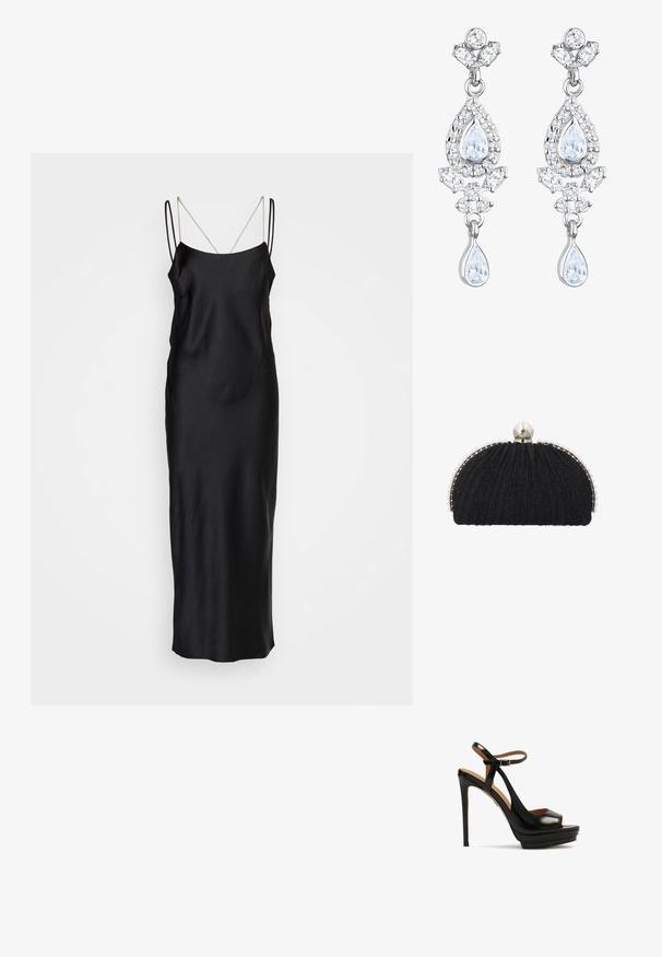 HUGO KENZEL - Cocktailkleid/festliches Kleid - black; Schwarze High-Heel-Sandale mit offenem Zeh, Knöchelriemen, glänzendem Leder, Plattformsohle und Stiletto-Absatz. Mit goldenen Hardware-Details.; Schwarze Abend-Clutch mit strukturiertem Stoff, eingefasst von einer Reihe kleiner Perlen und einem großen Perlenverschluss oben.; Elli ANTIQUE DROP - Ohrringe - weiß