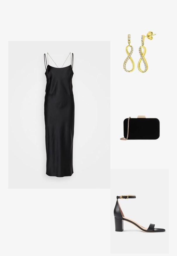 HUGO KENZEL - Cocktailkjole / festkjole - black; Lauren Ralph Lauren LOGAN BURNISHED LEATHER SANDAL - Sandaler - black; Sort velour clutch med guldfarvede detaljer, rektangulær form og kædestrop, der har en glat tekstur og ingen synlige mønstre.; Guldtonede øreringe formet som et stiliseret uendelighedssymbol, prydet med klare, rundslibede krystaller langs kanterne. Med stiftlukning.