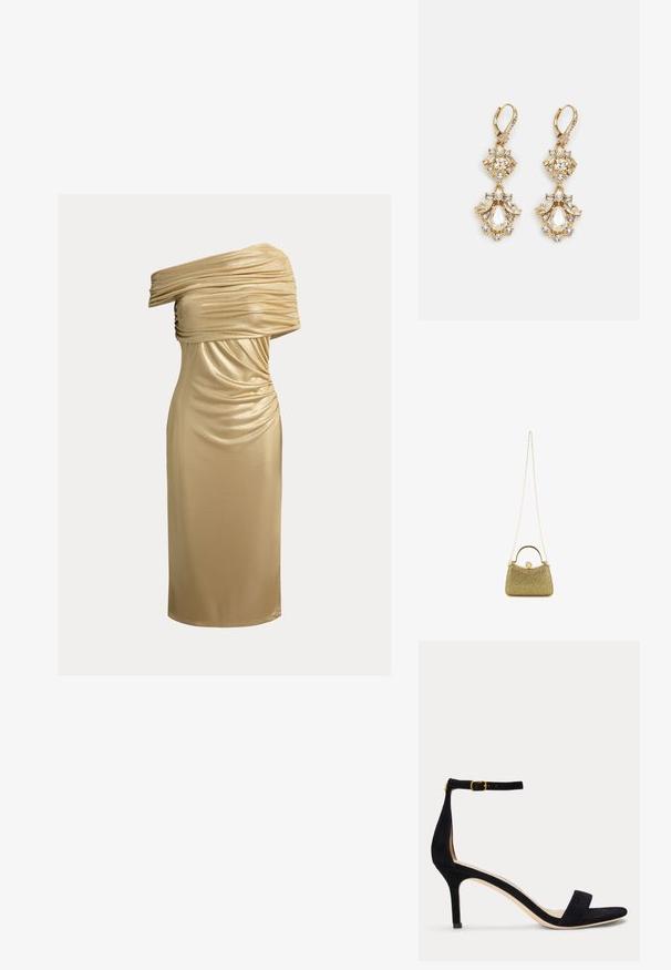 Goldfarbenes Ein-Schulter-Kleid bis zum Knie mit gerafften Details am Oberteil und enger Silhouette.; Schwarze Wildleder-Sandalette mit schmalem Knöchelriemen und goldener Schnalle, offenem Zehenbereich und mittelhohem Absatz auf weißem Hintergrund.; Goldfarbene Mesh-Handtasche mit strukturiertem Design, metallischer Kettenriemen und rundem Deckelverschluss. Texturierte Oberfläche mit schimmerndem Finish.; Ohrringe mit Gold-Finish im Design eines Clusters, das runde und tropfenförmige klare Kristalle zeigt und aufwendige Details präsentiert.