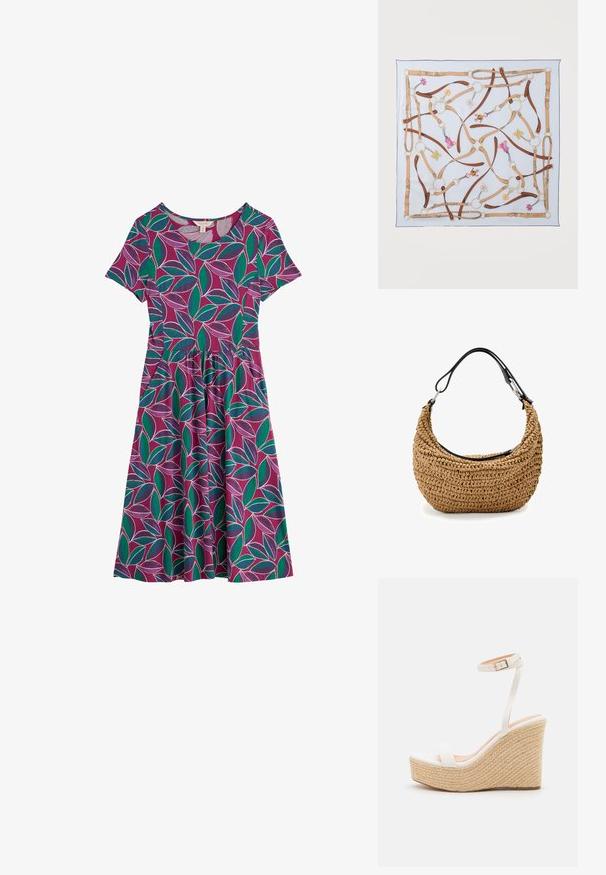 Vestido morado de manga corta hasta la rodilla con estampado de hojas verdes y rosas, cintura ajustada y escote redondo.; Sandalia de cuña blanca con plataforma de cuerda texturizada, que presenta una delgada correa en el tobillo y un diseño de punta cerrada suave.; Pañuelo de seda con correas de cuero color marrón claro y marrón, anillos dorados y pequeños colgantes de flores y animales en rosa, amarillo y blanco sobre fondo blanco.; Bolso de mano de paja trenzada en beige con una silueta curva, que presenta una correa de cuero negro y detalles metálicos plateados. Acabado texturizado.