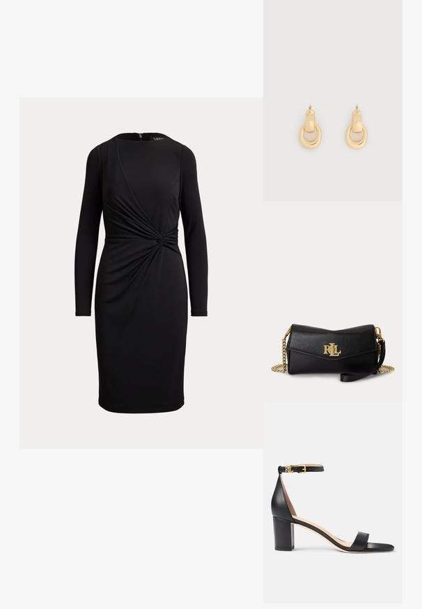 Sort knælængde kjole med lange ærmer, rund halsudskæring og snoet knudedetalje i taljen på ensfarvet baggrund.; Lauren Ralph Lauren LOGAN BURNISHED LEATHER SANDAL - Sandaler - black; Sort læderclutch med guld RLL-logo foran, guldkæde-rem og aftagelig læderrem til håndleddet på hvid baggrund.; Par af polerede øreringe i guldfarve med en buet rektangulær top, der er forbundet til en uregelmæssig ovalformet ring, sat mod en ensfarvet hvid baggrund.