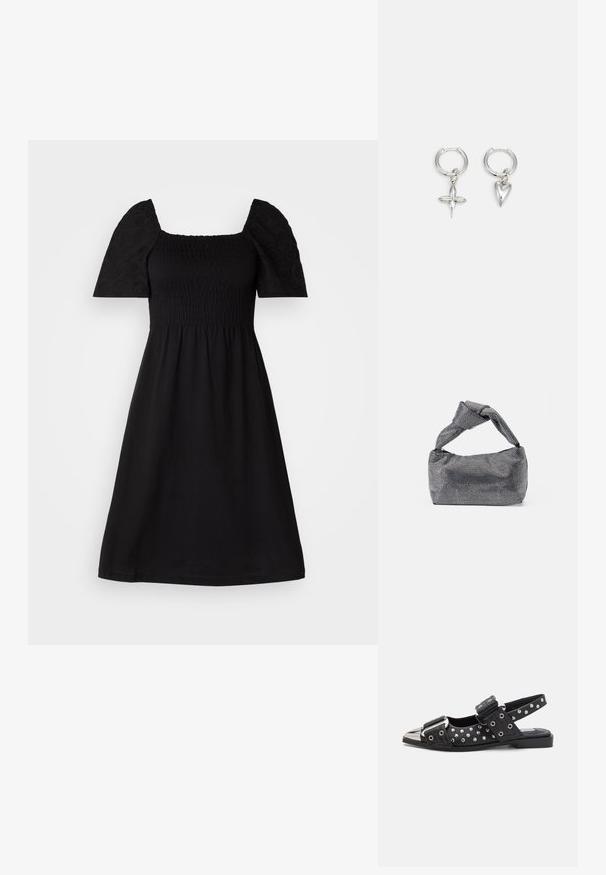 Robe noire avec un décolleté carré et des manches courtes bouffantes. Présente un corsage smocker et une jupe fluide, fabriquée en tissu doux avec une texture.; Chaussures slingback noires avec des accents cloutés, dotées d'un talon plat, d'un bout métallisé et de brides à boucle réglables. Détail de quincaillerie décoratif présent.; Sac à main noir et argent avec une surface texturée affichant un motif en diamant, une anse nouée et une forme structurée.; Boucles d'oreilles en argent en forme de cerceau avec un charme croix et cœur. Texture lisse et brillante avec une finition polie. Chaque charmepend d'une boucle sécurisée.