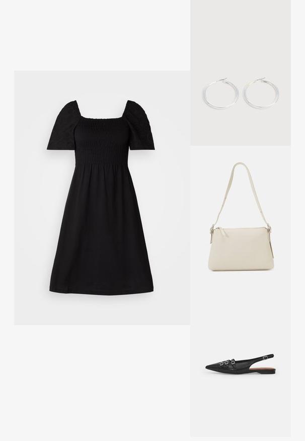 Schwarzes Kleid mit quadratischem Ausschnitt und gepufften kurzen Ärmeln. Verfügt über ein gerafftes Oberteil und einen fließenden Rock, gefertigt aus weichem, strukturiertem Stoff.; Schwarze Leder-Slingback-Ballerina mit spitzem Zeh, ausgestattet mit zwei horizontalen Riemen und quadratischen silbernen Schnallen, mit flachem Absatz und glatter Oberfläche.; Beige Schultertasche aus glattem Leder mit Reißverschluss. Hat ein einfaches Design, einen schmalen Schultergurt und Metallakzente.; Paar glänzende silberne Creolen mit dünnen Drahtverschlüssen, dargestellt vor einem hellgrauen Hintergrund.