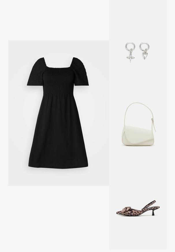 Zwarte jurk met een vierkante halslijn en puffed korte mouwen. Heeft een smockbuste en een vloeiende rok, gemaakt van zachte stof met textuur.; Puntige slingback hakken in panterprint stof met een strikaccent, voorzien van een lage zwarte hak en een soepele textuur.; Witte nepleren handtas met een gestructureerde driehoekige vorm, een enkele verstelbare schouderriem en een klep met ronde accenten.; Zilveren ringoorbellen met een kruis- en hartbedel. Glad, glanzend oppervlak met een gepolijste afwerking. Elke bedel hangt aan een veilige lus.