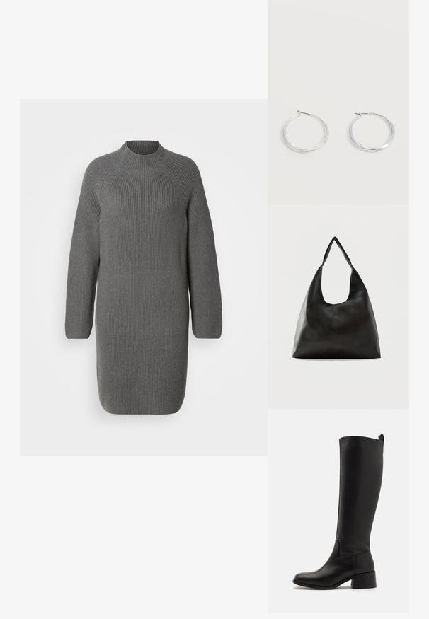 Robe en tricot grise avec un col haut et des manches longues, présentant une texture côtelée et une coupe droite légèrement ample. Pas de motifs ni d'accents visibles.; Botte noire montée à hauteur de genou en cuir lisse avec un talon blocs, une pointe arrondie et un design élégant sans embellissement.; Sac bandoulière en cuir noir lisse avec une large sangle unique et un design décontracté et minimaliste sur un fond uni.; Boucles d’oreilles créoles en métal argenté avec une surface lisse légèrement incurvée et des fermoirs à clapet sur un fond blanc uni.