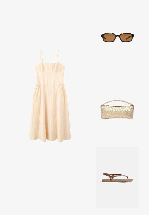 Beige ærmeløs midikjole med tynde stropper, tætsiddende overdel og skørt med let lodrette blonder.; Flad sandal med beige sål og metallisk roseguld flettede remme, udstyret med en tåkappe og hælrem for sikker pasform.; Sorte rektangulære solbriller med tykke stel og brune tonede linser, vist forfra på en hvid baggrund.; Rektangulær beige flettet håndtaske med én flettet hank og en lynlåslukning øverst.