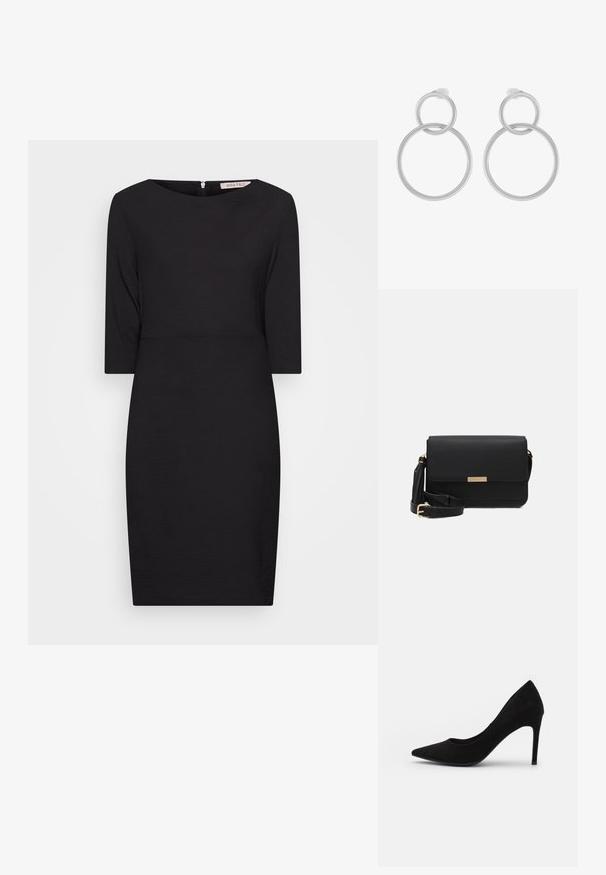 Anna Field by Zalando Etuikjole - black; Sort ruskind højhælet pumpe med spids tå, glat overflade og slank stiletthæl. Klassisk design med en elegant silhouette.; Sorte læder crossbody taske med flaplukning, guldfarvede Hardware, justerbar rem og tekstureret overflade. Kompakt rektangulær form.; Sølv metal øreringe med to sammenflettede cirkler, en større og en mindre, med børstet finish og push-back låse.
