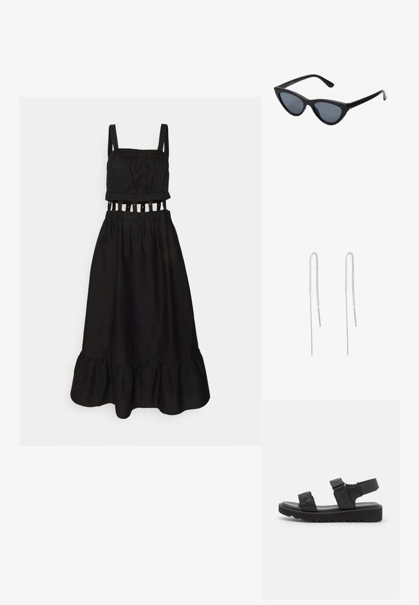 Object Petite OBJRAMILLA DRESS - Hverdagskjole - black; Sorte platform sandaler med quiltede stropper, åben tå og justerbar ankelrem. Tekstureret gummisål med zigzag mønster for godt greb.; Sorte katteøje solbriller med mørkegrå linser, slankt plastisk stel, spidse hjørner og lige stænger. Ingen synlig hardware eller dekorationer.; Sølv kædeøreringe med forlænget design, der har en delikat kæde og lige, tynde pendanter i enderne. Glat tekstur.