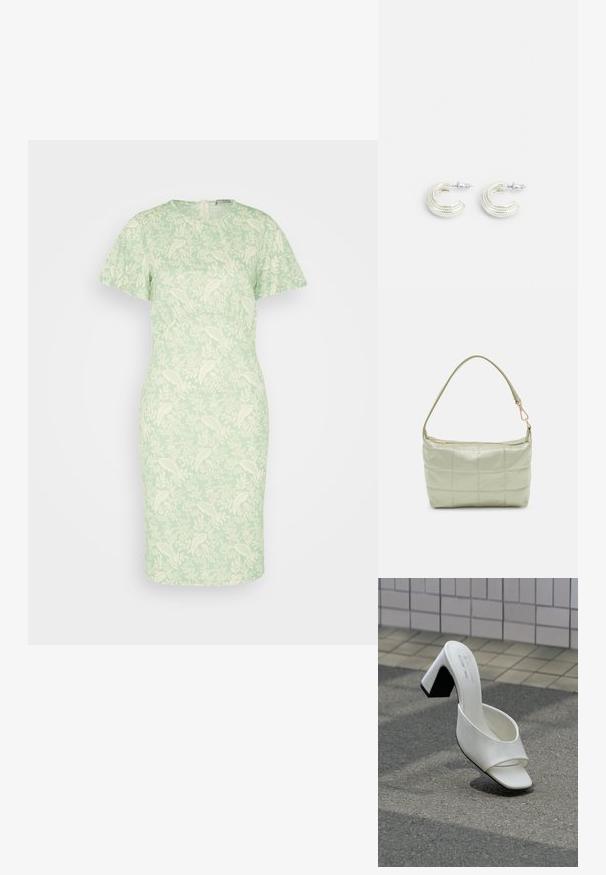 Anna Field by Zalando Φόρεμα από ζέρσεϊ - green/light green; Λευκό μονό ανοιχτό παπούτσι mule με τακούνι μπλοκ, που στέκεται σε γκρι άσφαλτο μπροστά σε φόν από πλακιδιωμένο τοίχο.; Πληρωμένη πράσινη τσάντα ώμου με μαλακή υφή, ορθογώνιο σχήμα, μονή ιμάντα και χρυσή φερμουάρ κλείσιμο. Διαθέτει ραμμένο σχέδιο.; Ασημένια σκουλαρίκια σε σχέδιο στροβιλιστού κρίκου, με υφή στην επιφάνεια και ραβδωτές λεπτομέρειες, ασφαλισμένα με κούμπωμα κοντάρι.