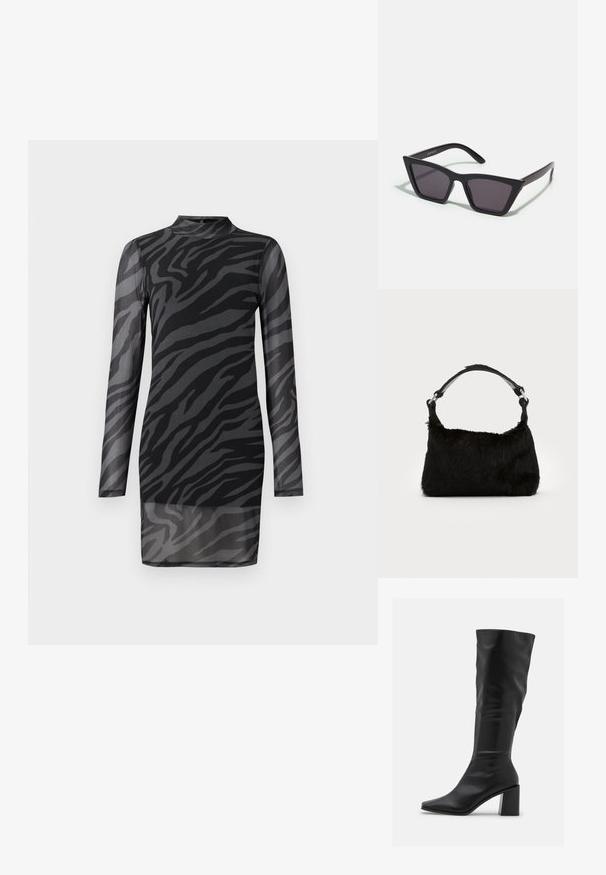 Robe zébrée noire et grise, à manches longues, col haut, en tissu transparent, design ajusté, longueur au-dessus du genou, détails matériels minimaux.; RAID BLICK - Bottes - black; Lunettes noires angulaires avec des verres gris ; fabriquées en plastique, avec des branches épaisses à la surface lisse et sans matériel visible.; Sac à main en fausse fourrure noire avec une texture douce, une forme arrondie et une bandoulière en cuir noir robuste. Accent en métal argenté visible.