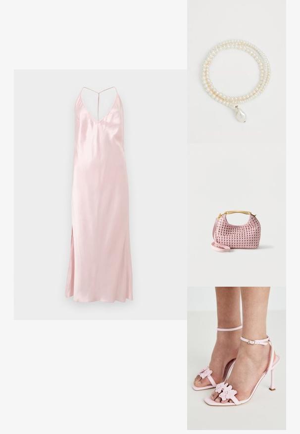 Vestido de satén rosa claro tipo slip con tirantes finos, escote en V y aberturas laterales, mostrado sobre un fondo liso.; Sandalias de tacón alto rosas con apliques florales, tiras delgadas en el tobillo y diseño destalonado. Textura suave y forma de puntera puntiaguda.; Bolso de cuero rosa tejido con un asa corta dorada y una correa larga desmontable sobre un fondo blanco liso.; éliou PAHANA CHOKER - Collar - white