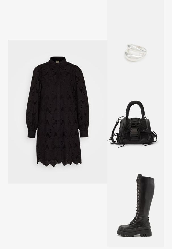 YAS YASTEALA SHIRT DRESS - Blousejurk - black; Steve Madden CARINA - Plateaulaarzen - black; Zwarte handtas met een gaas exterieur, geweven handvat en decoratieve veters. Inclusief afneembare schouderriem en contrasterende hardwareaccenten.; Zilveren dubbele ring met een gladde, gepolijste oppervlakte. Heeft een vloeiende, gebogen vorm met overlappende secties voor een moderne uitstraling.