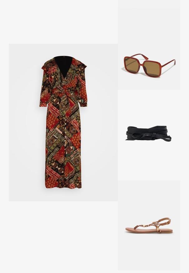 Free People LENNON DRESS - Vestido largo - black combo; Sandalias planas de cuero marrón con diseño trenzado, tiras finas, detalles en dorado y una suela cómoda. Estilo de punta abierta.; Gafas de sol cuadradas rojas con lentes tintados marrones. Montura gruesa y brillante, con varillas delgadas y un pequeño detalle en el lateral para añadir interés visual.; Cinturón de cuero negro con una textura suave, que presenta un diseño retorcido y longitud ajustable. Los bordes están ligeramente redondeados para mayor comodidad.