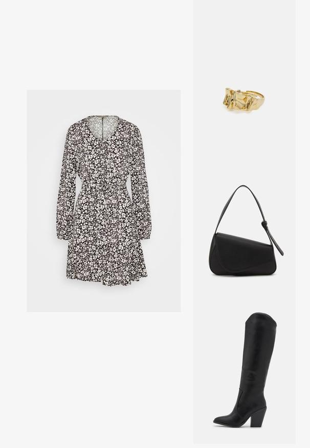 Anna Field by Zalando Freizeitkleid - black/white; RAID LAKELYN - High Heel Stiefel - black; Schwarze Lederhandtasche mit dreieckiger Form, schrägem Klappdeckel und rundem Oberhandgriff. Verfügt über eine glatte Textur und minimalistische Designdetails.; Goldring mit strukturiertem, wellenförmigem Design, das drei markante Spitzen aufweist. Glatte, glänzende Oberfläche mit einem offenen Band für einen verstellbaren Sitz.